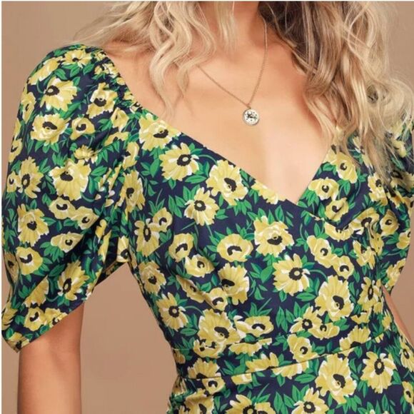 Lulus Floral Inclusive Floral Print Puff Sleeve Mini Dress Small Navy Yellow NEW - Picture 3 of 13